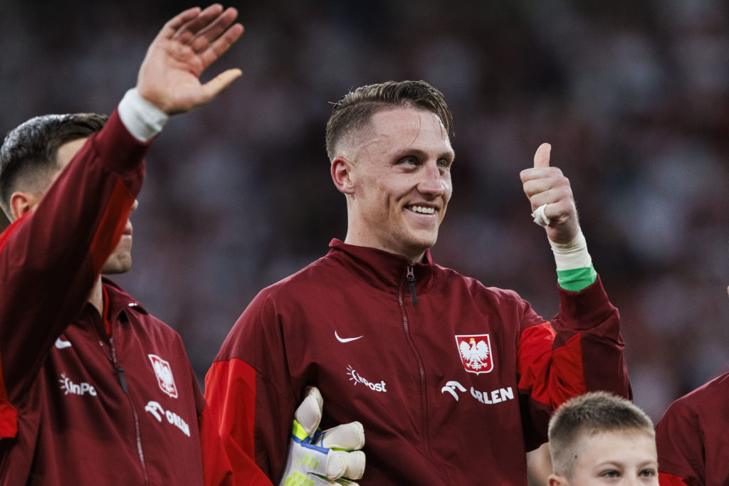 Poland goalkeeper Marcin Bulka gestures ahead of the international game against Moldova.