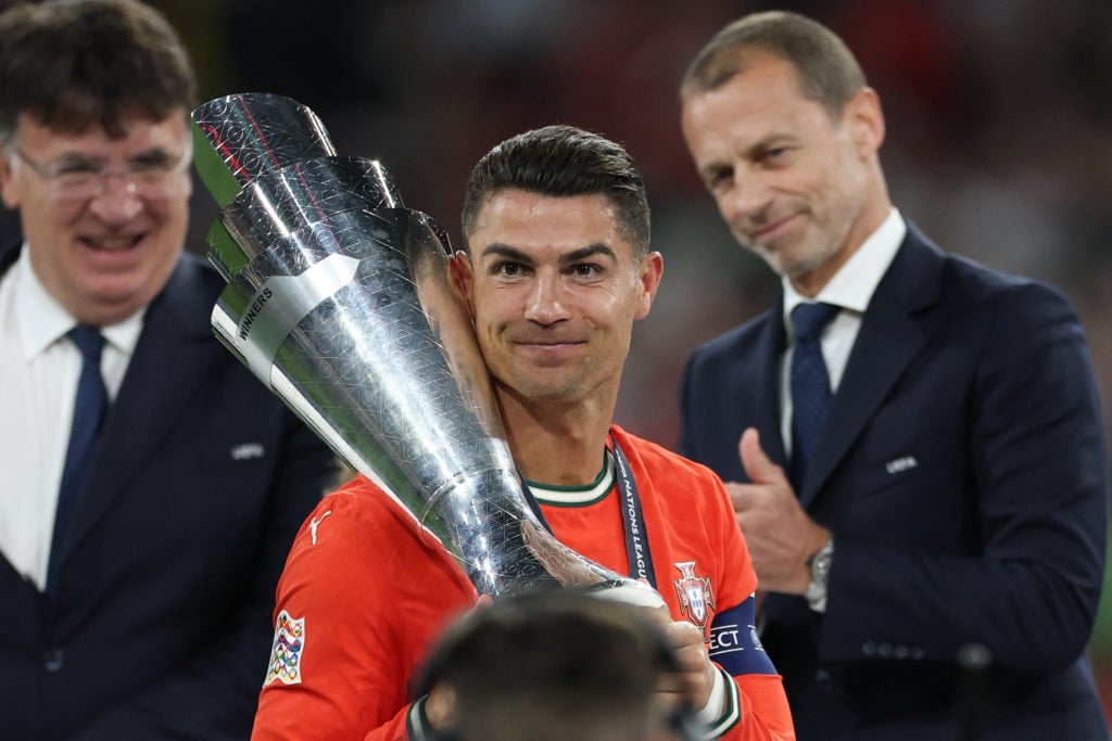 Cristiano Ronaldo of Portugal celebrates after winning the 2025 UEFA Nations League final match between Portugal and Spain at Munich Football Arena in Munich, Germany, on June 8, 2025.
