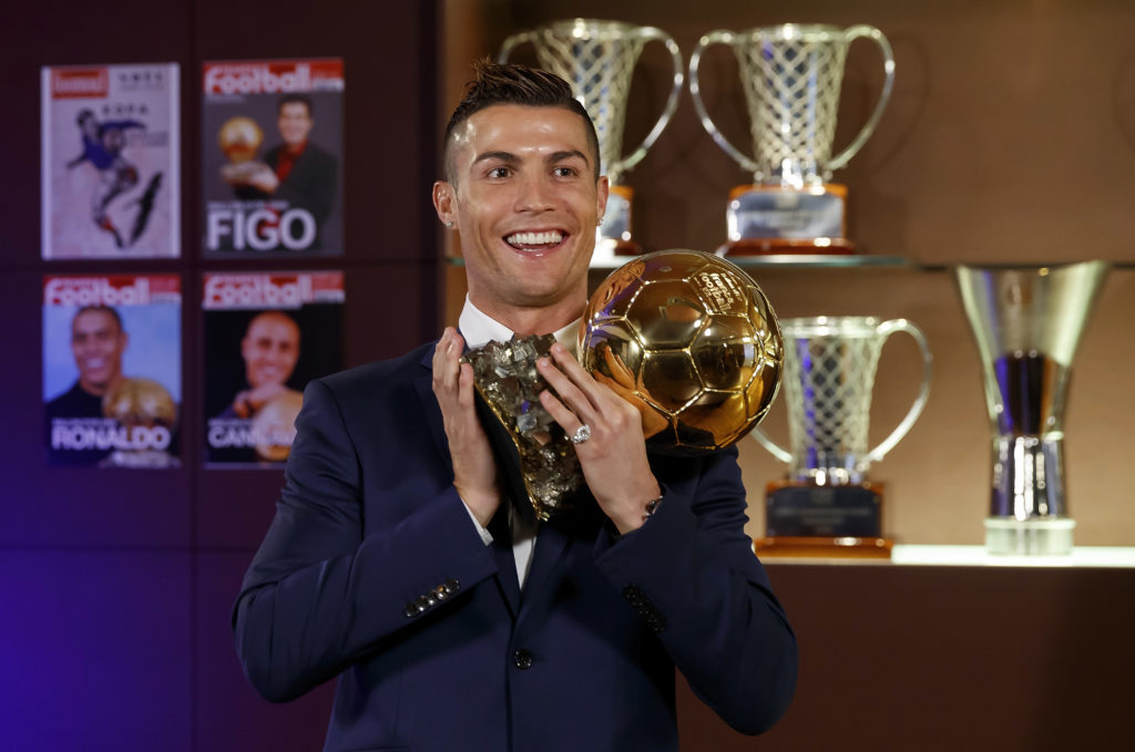 Real Madrid and Manchester United legend Cristiano Ronaldo with the Ballon d’Or trophy at the Estadio Santiago Bernabeu in 2016.