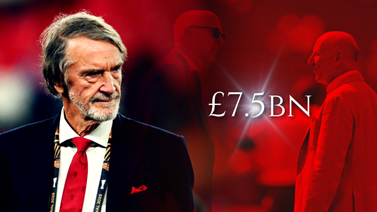 Sir Jim Ratcliffe looks on, split image with Joel Glazer and Avram Glazer conversing inset and '£7.5bn' wordage