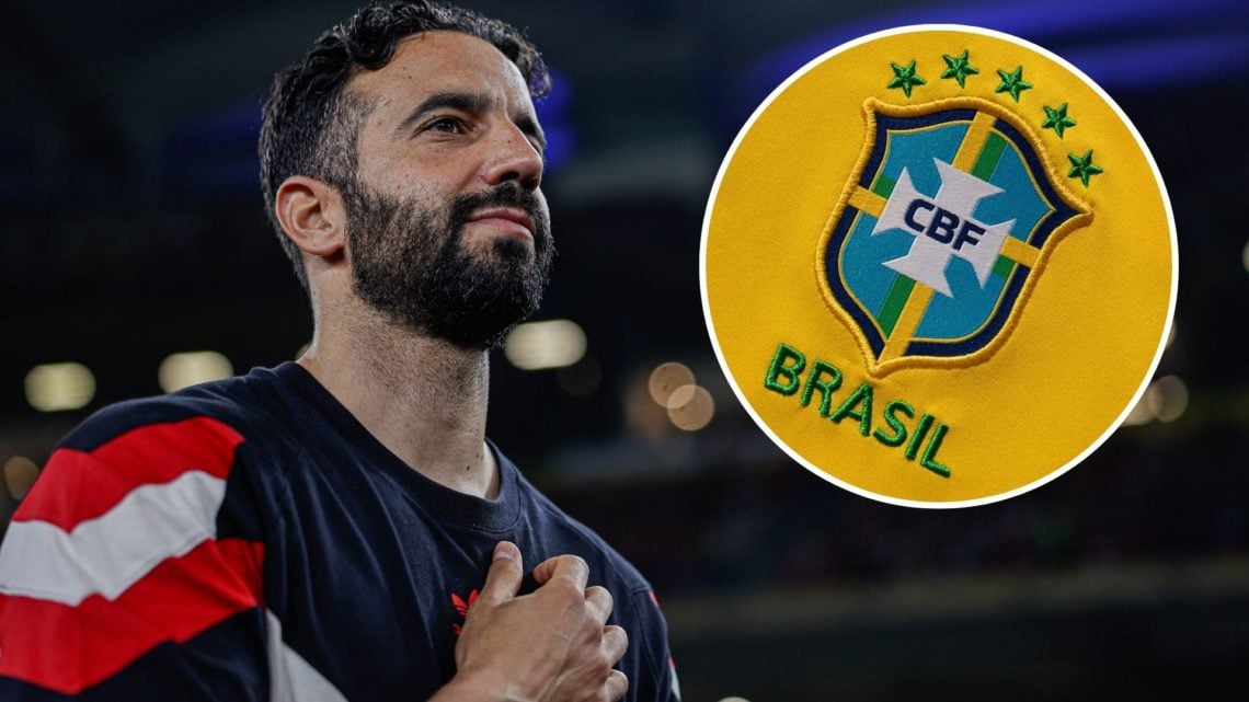 Manchester United boss Ruben Amorim before facing ASEAN All-Stars. Inset, an image of the Brazil badge.