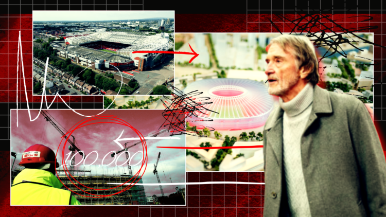 Illustration image of Sir Jim Ratcliffe, an aerial view of Old Trafford, and the design model for Manchester United's proposed new stadium