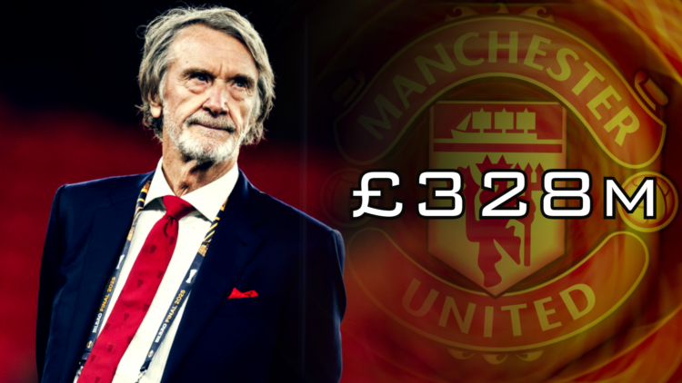 Split image of Sir Jim Ratcliffe and the Manchester United badge, with '£328m' wordage
