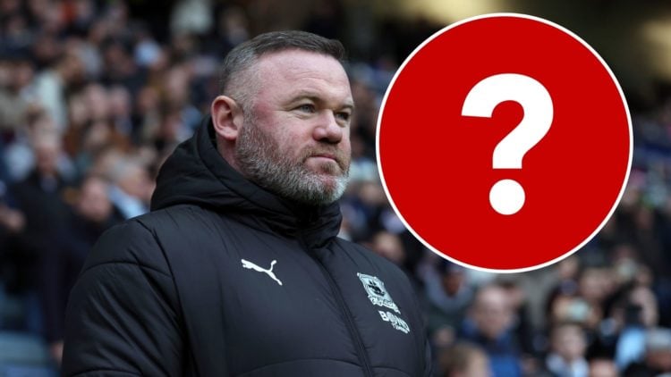 Plymouth Argyle boss Wayne Rooney watches on against Coventry City in the Championship. Inset, a white question mark on a red circular background.