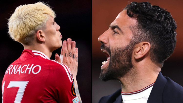 Alejandro Garnacho of Manchester United reacts during the UEFA Europa League Final 2025 between Tottenham Hotspur and Manchester United at San Mamé...