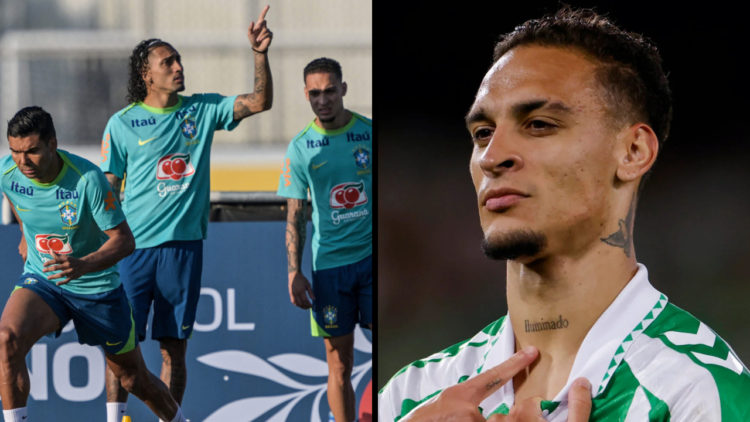 Brazil's midfielder Casemiro, forward Raphinha and forward Antony take part a training session in Sao Paulo, on June 2, 2025, ahead of the FIFA Wor...