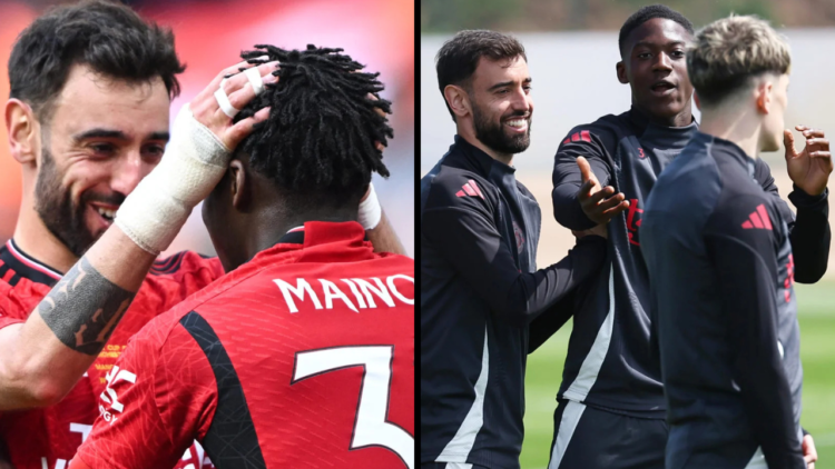Bruno Fernandes of Manchester United reacts with Victor Lindelof, Kobbie Mainoo and Alejandro Garnacho during a training session at Carrington Trai...