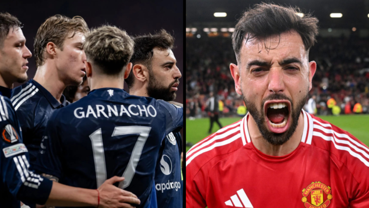 Bruno Fernandes of Manchester United celebrates scoring their second goal from a penalty spot kick during the UEFA Europa League 2024/25 Semi Final...