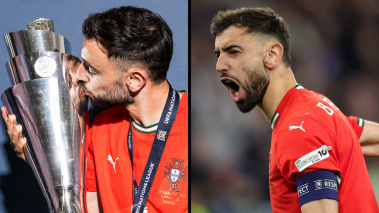 Bruno Fernandes of Portugal celebrates during the UEFA Nations League 2025 final match between Portugal and Spain at Munich Football Arena on June ...