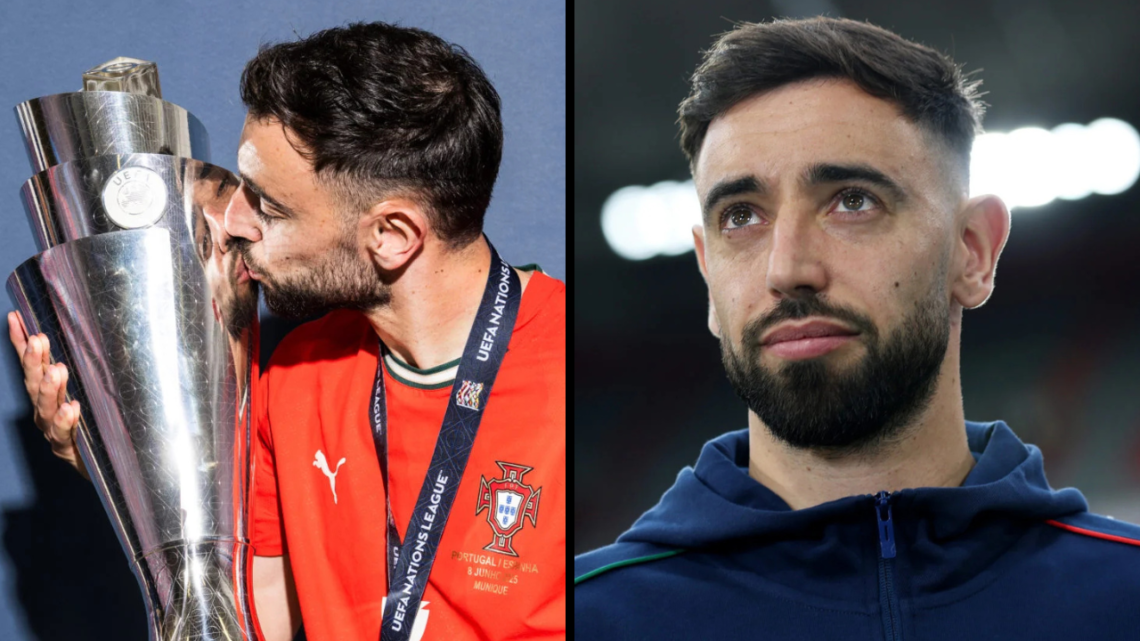 Bruno Fernandes of Portugal poses for a photo with the UEFA Nations League trophy during the official UEFA Nations League 2025 Winners' shoot after...