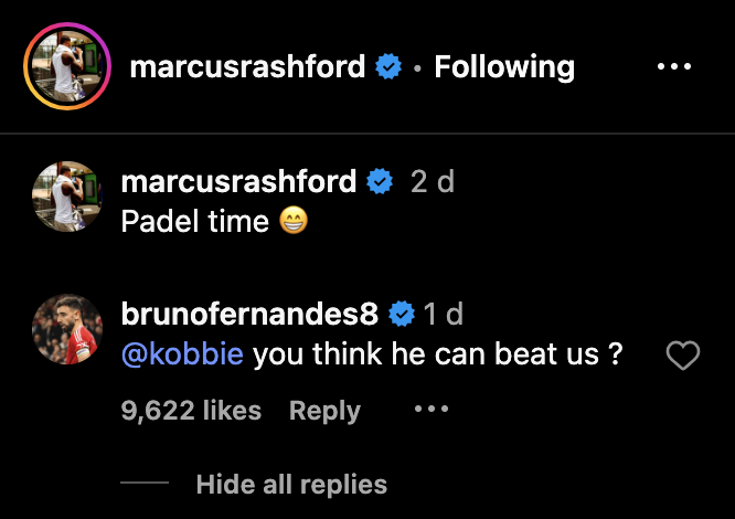 Bruno Fernandes’ question to Manchester United teammate Kobbie Mainoo about Aston Villa player Marcus Rashford. Credit: Instagram