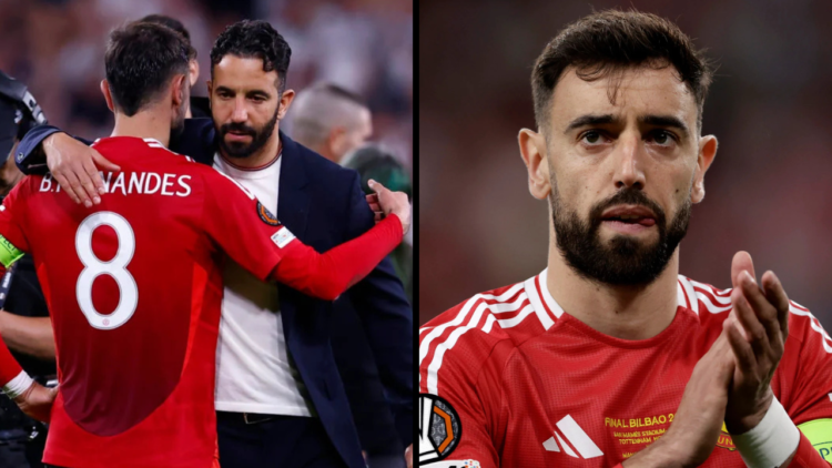 Bruno Fernandes of Manchester United during the UEFA Europa League match between Tottenham Hotspur v Manchester United at the San Mames. Insert: Ru...