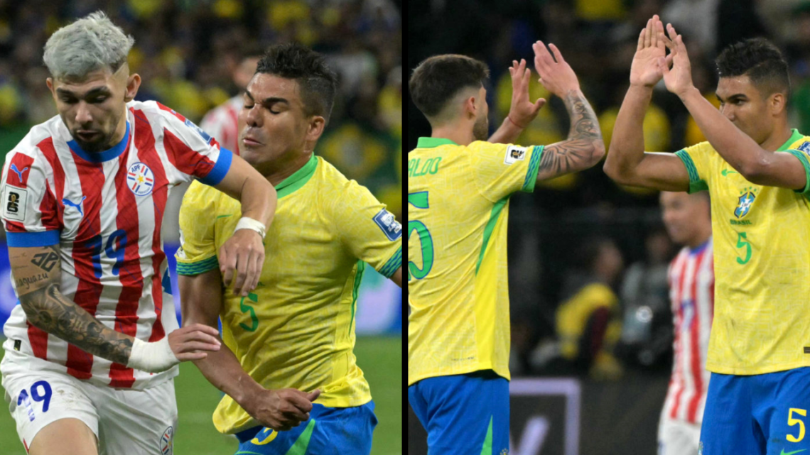 Brazil's defender #15 Lucas Beraldo, midfielder #05 Casemiro and defender #04 Marquinhos celebrate after winning the 2026 FIFA World Cup South Amer...