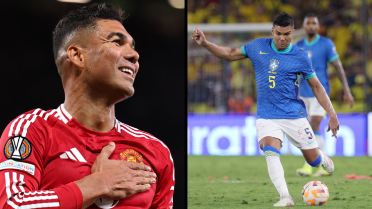Casemiro of Manchester United celebrates after scoring a goal to make it 2-1 during the UEFA Europa League 2024/25 Semi Final Second Leg match betw...