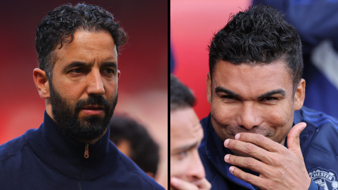 Casemiro of Manchester United speaks with Antony of Manchester United ahead of the Premier League match between Southampton FC and Manchester Unite...