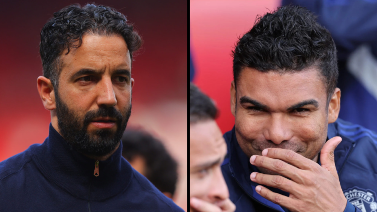 Casemiro of Manchester United speaks with Antony of Manchester United ahead of the Premier League match between Southampton FC and Manchester Unite...