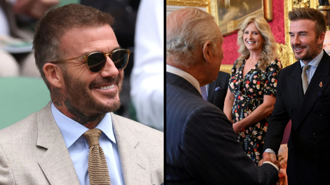English former football player David Beckham (C) shakes hands with Britain's King Charles III (L) during the King's Foundation Awards ceremony, on ...
