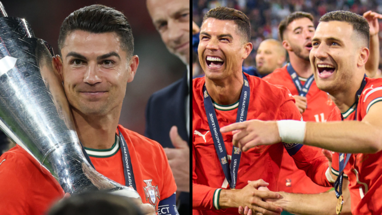 Cristiano Ronaldo of Portugal celebrates after winning the UEFA Nations League 2025 final match between Portugal and Spain at Munich Football Arena...