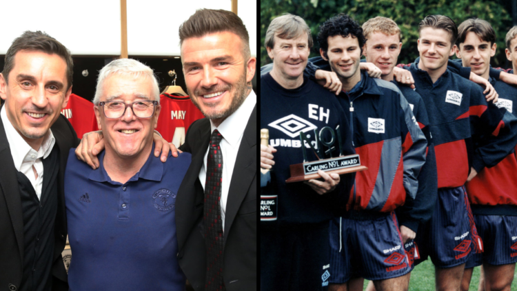 Manchester United youth team coach Eric Harrison is awarded a bottle of champagne and and special trophy by Premier League sponspors Carling for hi...