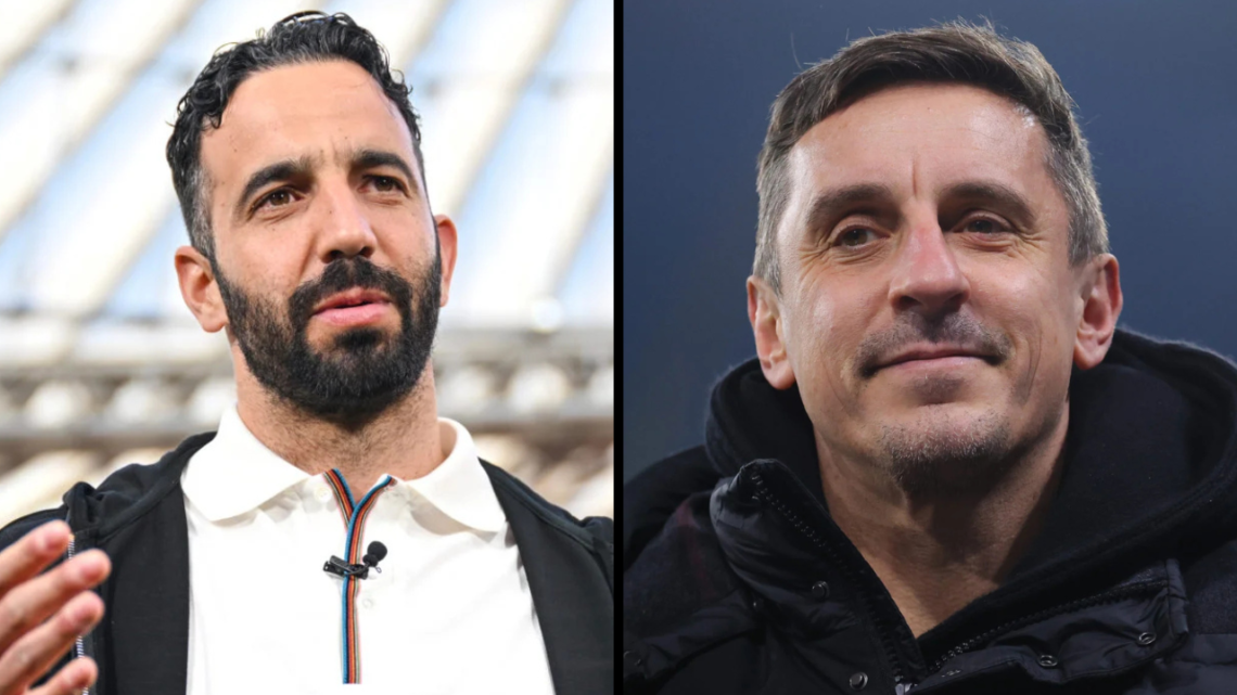 Pundit Gary Neville during the Barclays Women's Super League match between Manchester City and Manchester United at Etihad Stadium. Insert: Ruben A...
