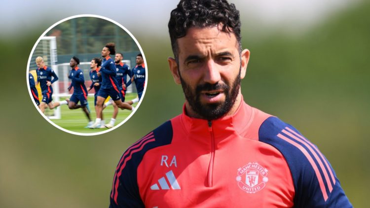 Manchester United head coach Ruben Amorim takes training at Carrington.