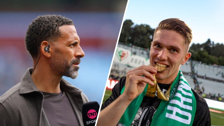 Split image, Rio Ferdinand turned to the left with TNT Sports microphone in hand and Viktor Gyokeres bits his Portuguese Cup winners' medal.