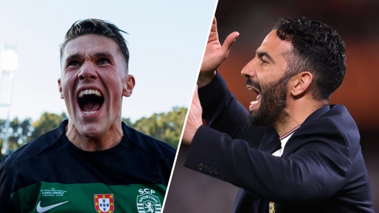 Split image, Viktor Gyokeres shouts in celebration close up image and Ruben Amorim side profile shouting instructions to Manchester United.