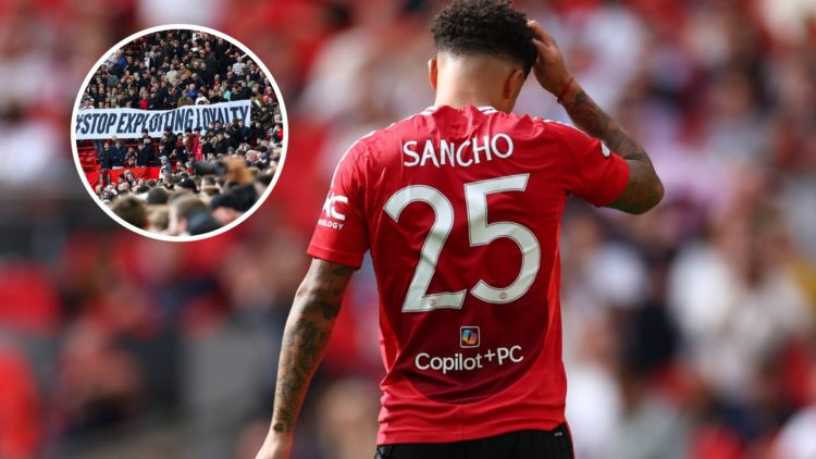 Manchester United winger Jadon Sancho facing Manchester City, inset of Manchester United fans at Old Trafford.