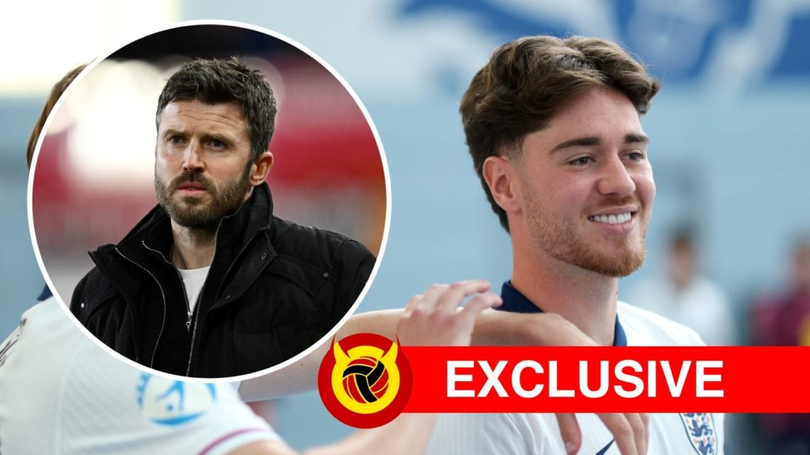 Hayden Hackney smiling during England U21 media day. Inset, Michael Carrick head shot image looking concerned. Overlaid UIF logo and exclusive banner.