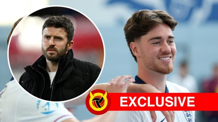 Hayden Hackney smiling during England U21 media day. Inset, Michael Carrick head shot image looking concerned. Overlaid UIF logo and exclusive banner.
