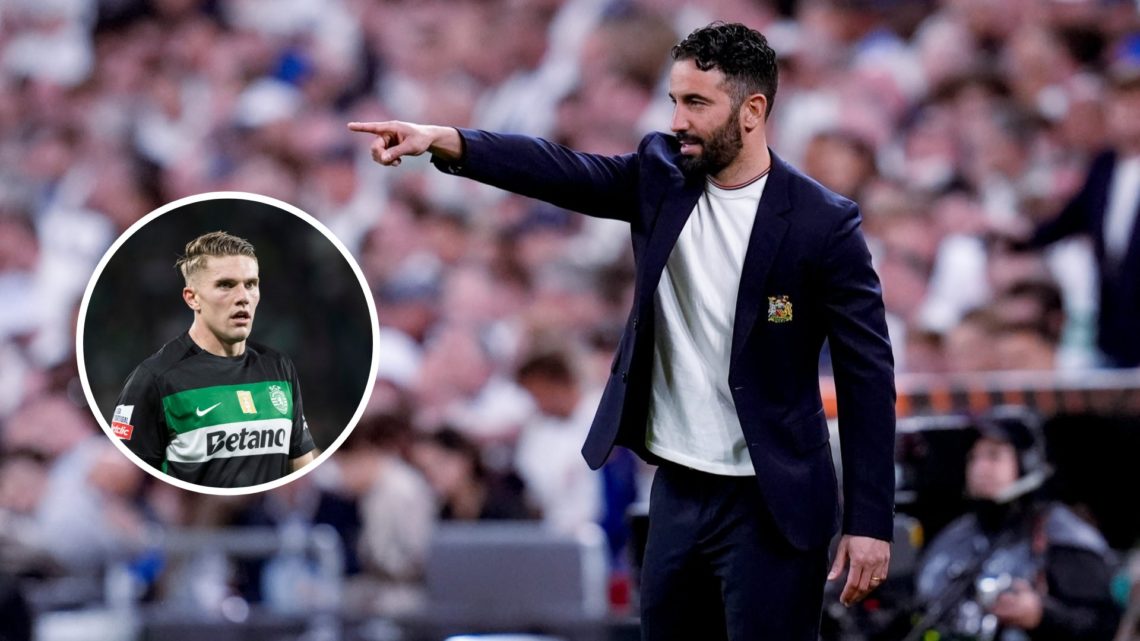 Manchester United head coach Ruben Amorim pointing, inset of Sporting Lisbon's Viktor Gyokeres.