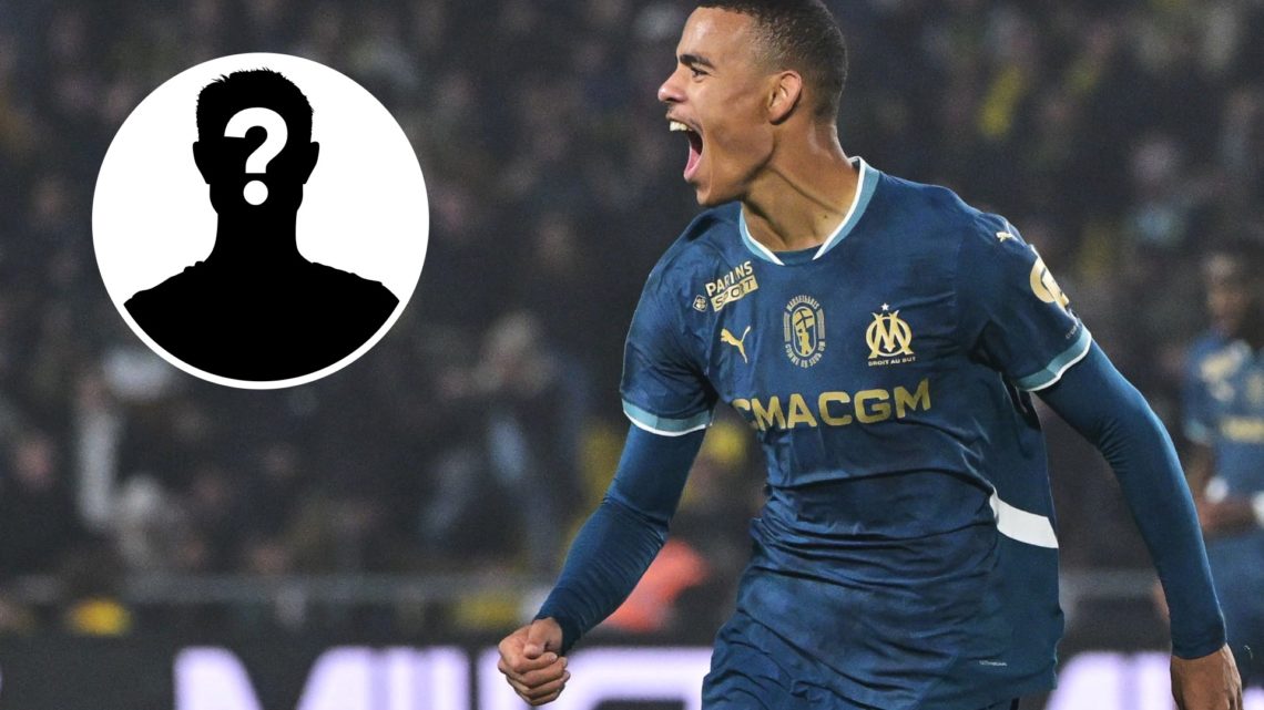 Mason Greenwood celebrates scoring for Marseille, mystery player silhouette
