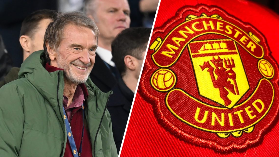 A split image of Manchester United's Sir Jim Ratcliffe (L) and the Manchester United badge (R)