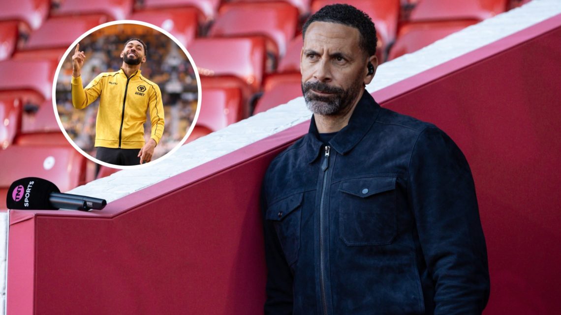 Rio Ferdinand at Old Trafford as analyst for TNT Sports, Matheus Cunha as Wolves player celebrating with the fans