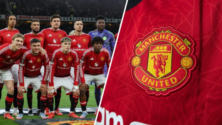 Split image of Manchester United's starting XI and the home kit for the 2025/26 season.