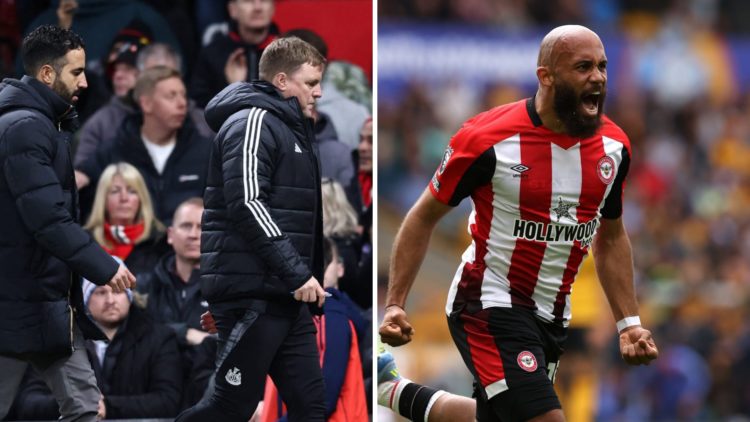Manchester United head coach Ruben Amorim with Newcastle manager Eddie Howe, split image with Brentford's Bryan Mbeumo.