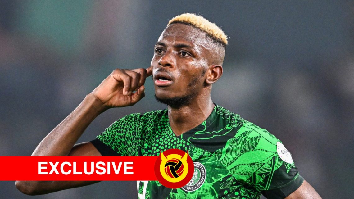 Victor Osimhen points to his face wearing Nigeria kit. Overlaid UIF logo and exclusive banner.