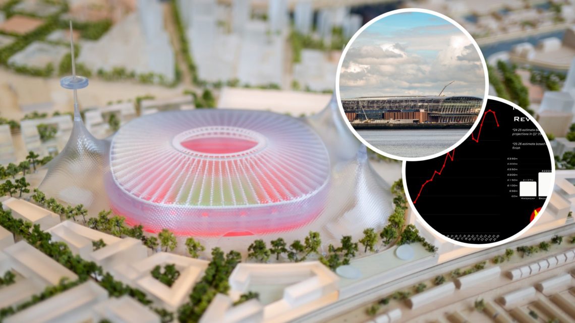 Manchester United new 100,000 seater stadium, inset of Everton's Hill Dickinson Stadium and revenue figures.