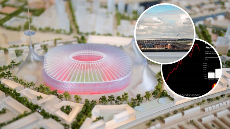 Manchester United new 100,000 seater stadium, inset of Everton's Hill Dickinson Stadium and revenue figures.