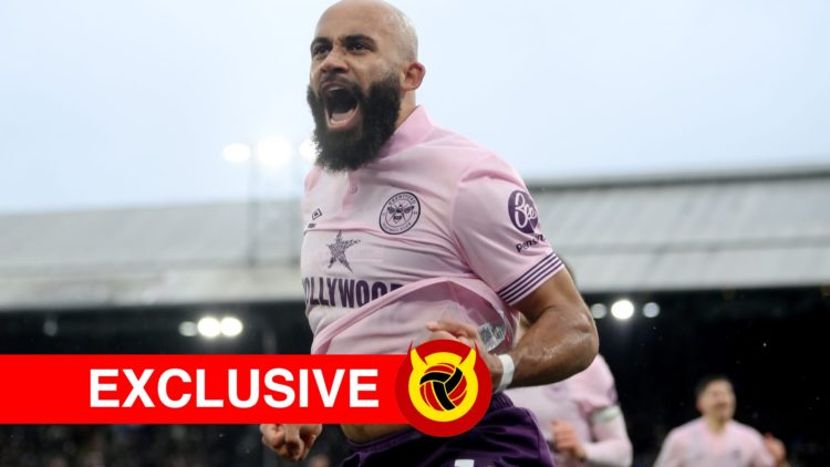 Bryan Mbeumo celebrates in pink Brentford jersey. Overlaid UIF logo and exclusive banner.