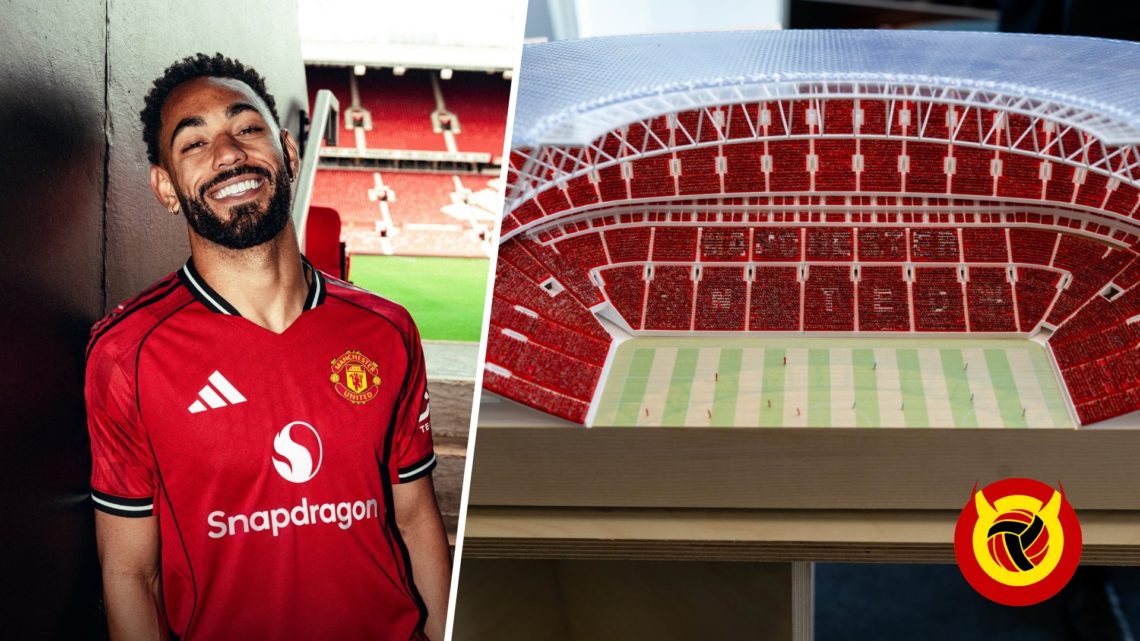 Split image of new Manchester United signing Matheus Cunha and Manchester United's 100,000-seater stadium project.
