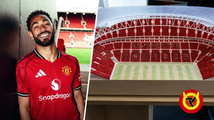Split image of new Manchester United signing Matheus Cunha and Manchester United's 100,000-seater stadium project.