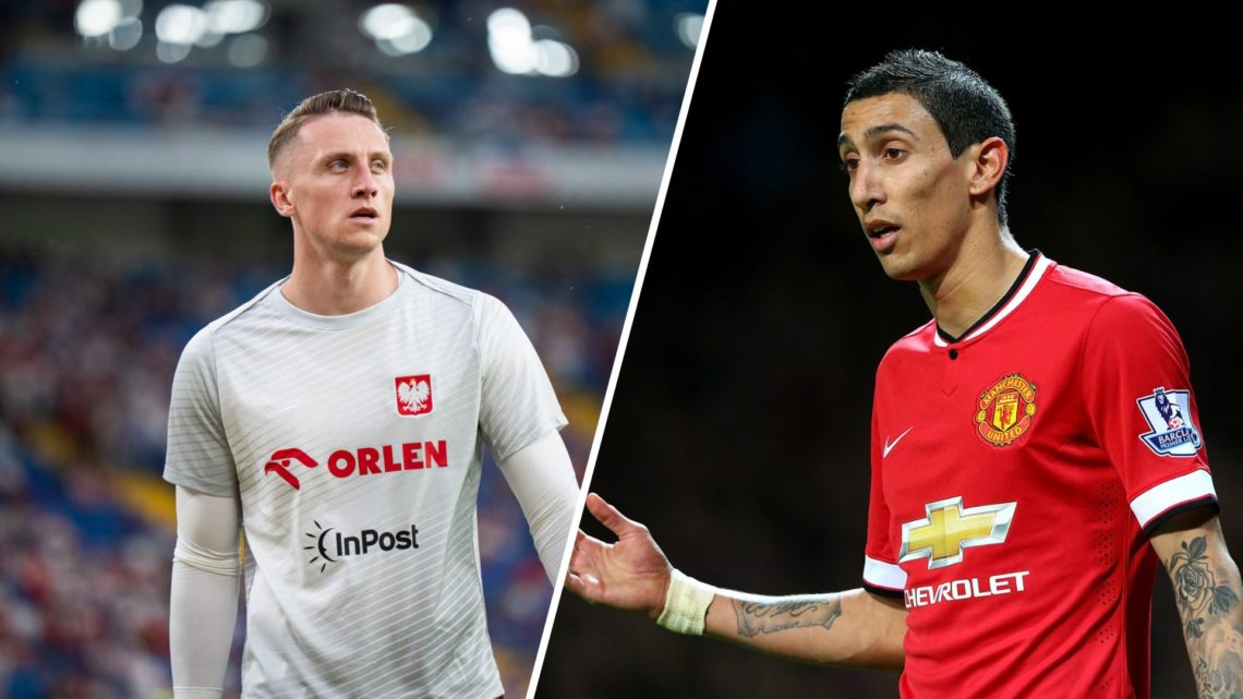 A split image of OGC Nice goalkeeper Marcin Bulka (L) and Manchester United winger Angel Di Maria (R)
