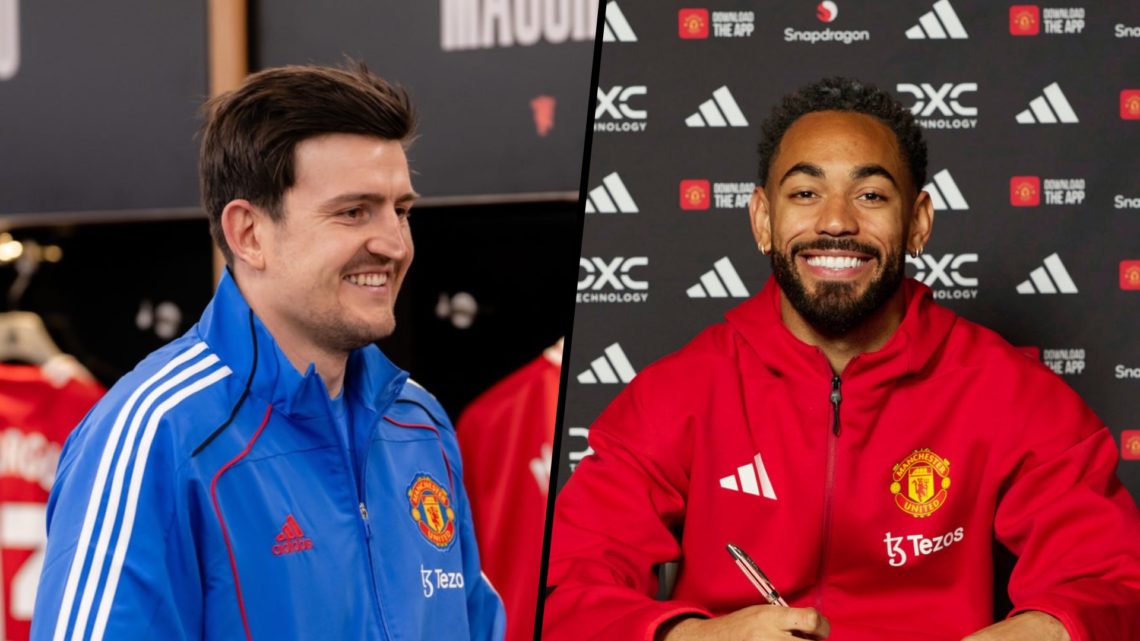 Split image. Harry Maguire smiling in blue tracksuit at Old Trafford and Matheus Cunha signing his Manchester United contract.