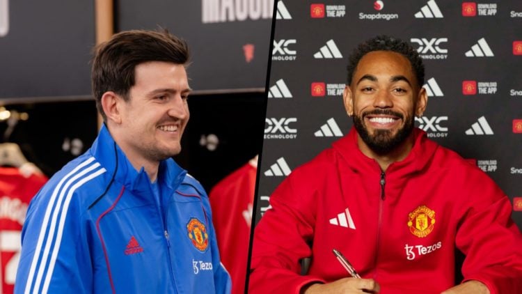 Split image. Harry Maguire smiling in blue tracksuit at Old Trafford and Matheus Cunha signing his Manchester United contract.