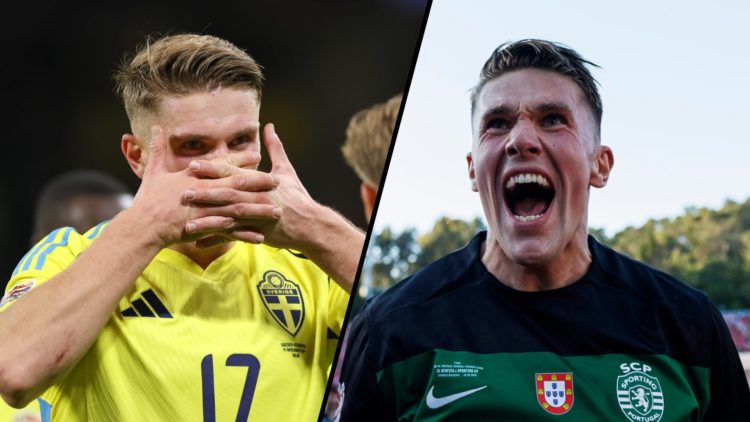 Split image. Viktor Gyokeres does his bane celebration for Sweden and Gyokeres shouts in celebration for Sporting CP.