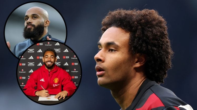 Joshua Zirkzee side profile close up image. Inset, Matheus Cunha signs Manchester United contract and Inset, Bryan Mbeumo head shot image for Brent...