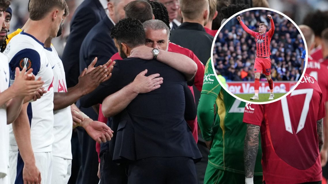 Manchester United head coach Ruben Amorim embraces Ange Postecoglou after the Europa League final, inset of Everton's Jarrad Branthwaite.