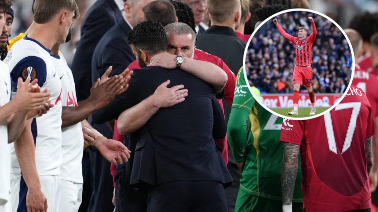 Manchester United head coach Ruben Amorim embraces Ange Postecoglou after the Europa League final, inset of Everton's Jarrad Branthwaite.