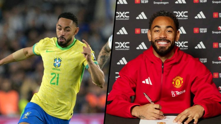 Split image. Matheus Cunha in action for Brazil and Matheus Cunha signs his Manchester United contract with a smile.